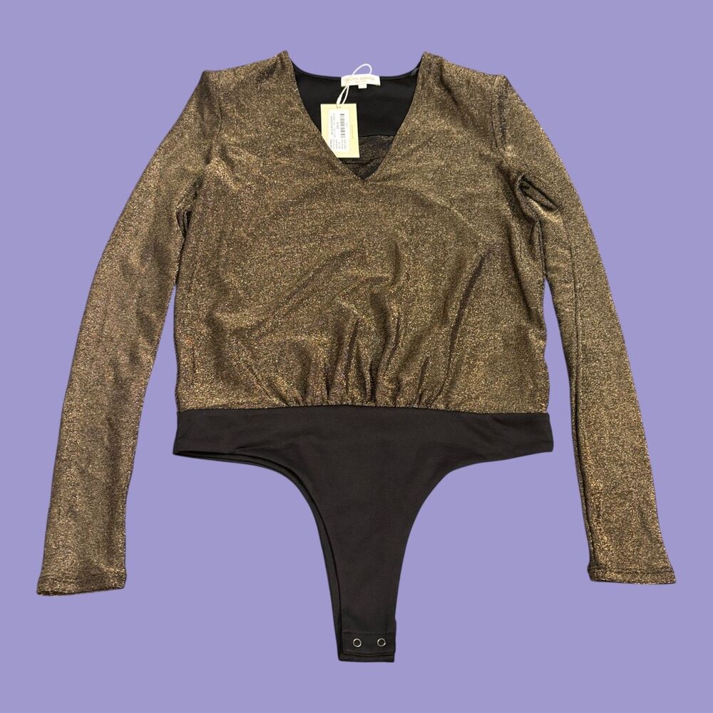 Ramy Brook Micheline Bodysuit Womens XS Gold Knit Metallic Stretch Long Sleeve